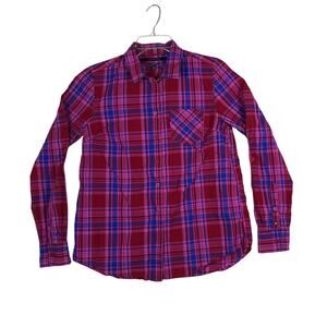 Tommy Hilfiger Relaxed Fit Shirt Womens Small Button Down Plaid Roll Tab Red
